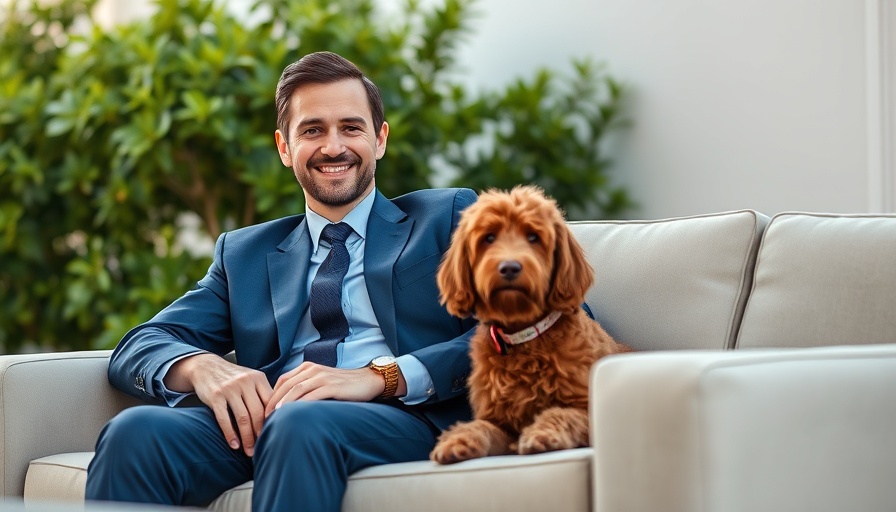 Man in blue suit with dog on sofa, AI in Anesthesia Management.
