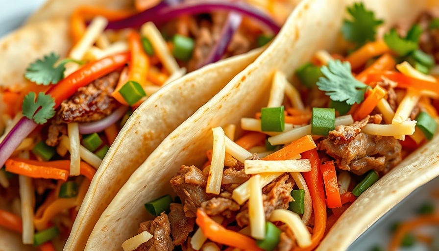 Colorful tacos filled with shredded veggies and meat on a plate.