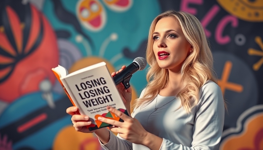 Blonde woman discussing losing weight without restrictive dieting, colorful background.