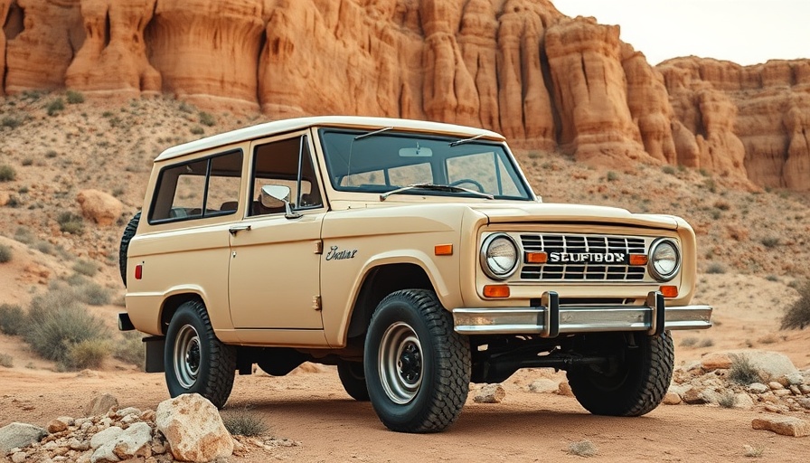 Vintage SUV parked on desert terrain near cliffs under clear blue sky.