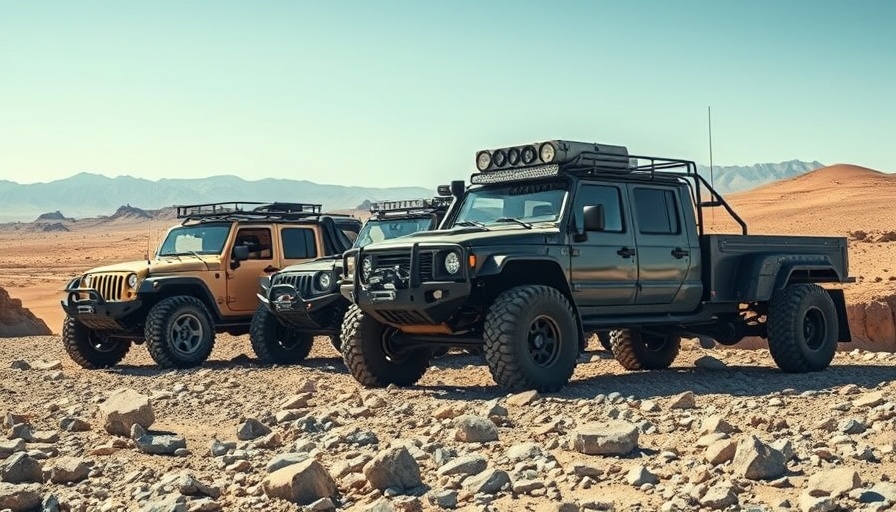 Off-road racing vehicles on rocky terrain under clear skies.