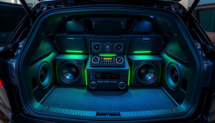 Custom speaker installation with green LED in a vehicle trunk.