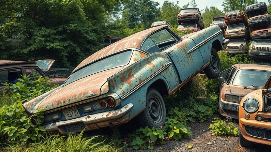 Rust-covered junk car in overgrown junkyard, sell a junk car fast.