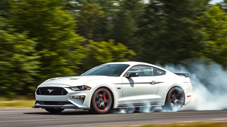 Mustang RTR drifting on track with smoke in green forest.