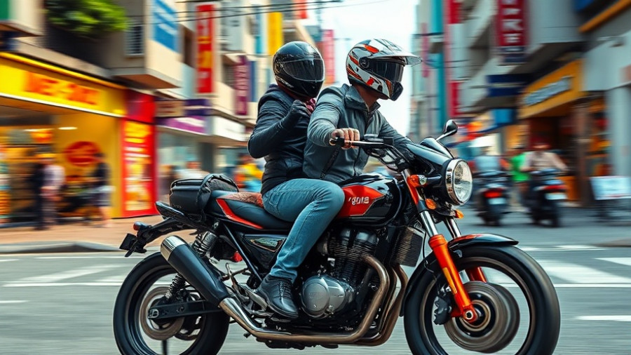 Two riders on Japanese cruiser motorcycle speeding through city.