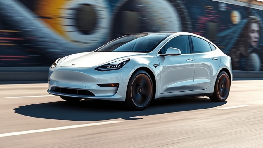 Sleek white Tesla Model Y driving past a colorful space mural.
