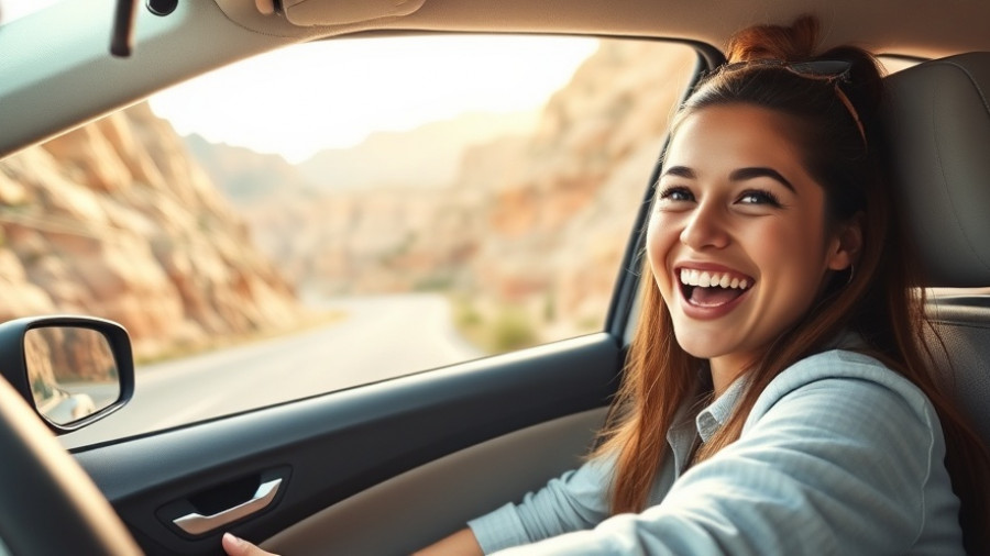 Experience Pikes Peak drive: smiling woman navigates rocky terrain.