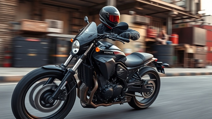 Aggressive Honda V-Twin Cruiser 2025 in motion, urban backdrop.
