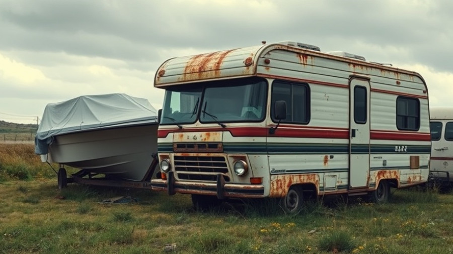 Vintage RV with rust, boat nearby in a grassy field, overcast sky, Louisiana RV rust damage solutions