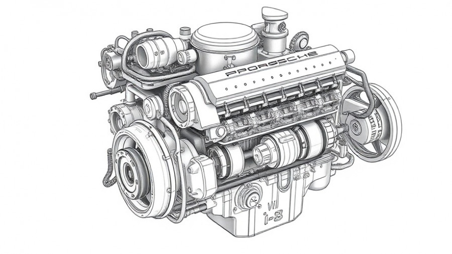 Technical illustration of Porsche W-18 engine, detailed components.