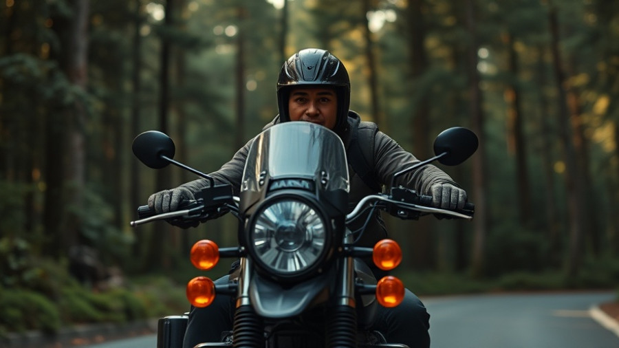 Adventurous motorcyclist on forested road, perfect for a beginner adventure-touring motorcycle.