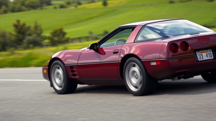Maroon C4 Corvette driving through scenic countryside showcasing its performance.