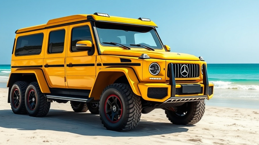 AMG 6x6 luxury truck in yellow, beach setting with ocean.