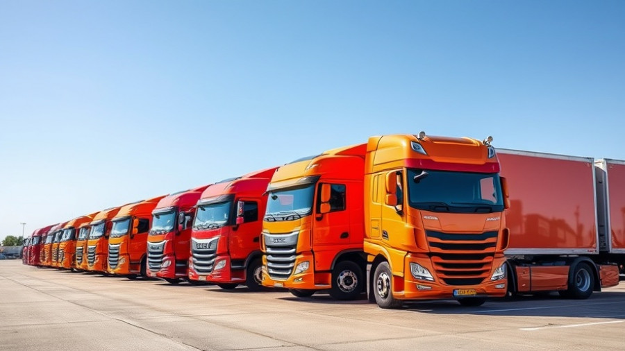 Colorful trucks parked, representing insurance agencies for trucking companies.