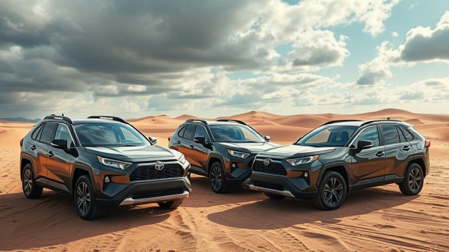 Three 2026 Toyota RAV4 models parked on desert terrain.