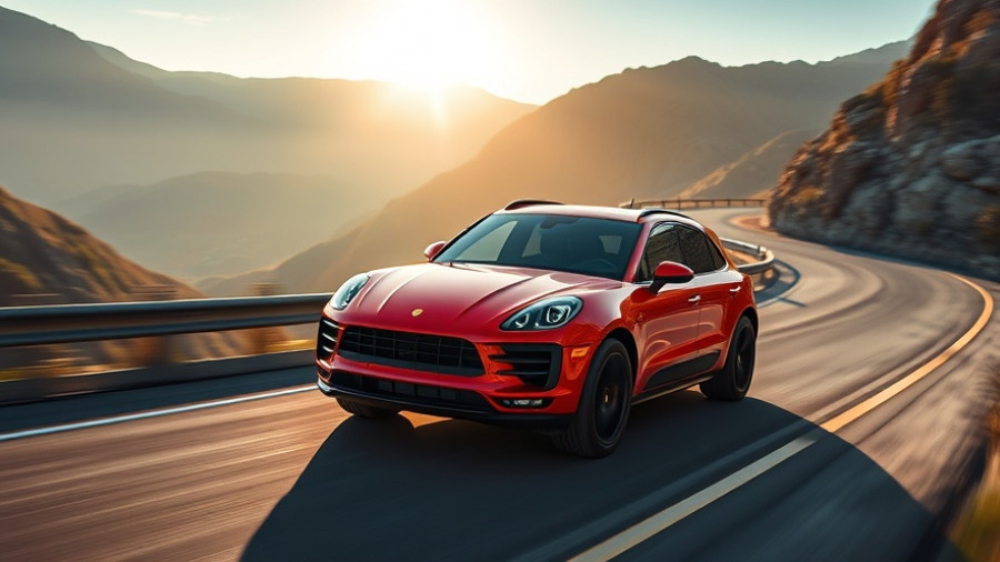 Sleek 2026 Porsche Macan GTS racing on a winding road at sunrise.