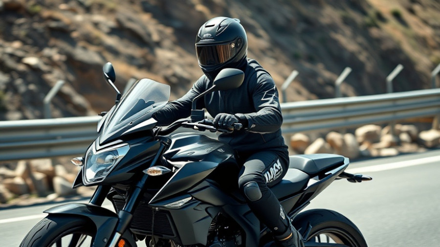 Motorcyclist on road with safety gear in mountainous terrain. Motorcycle safety tips for hazardous conditions.