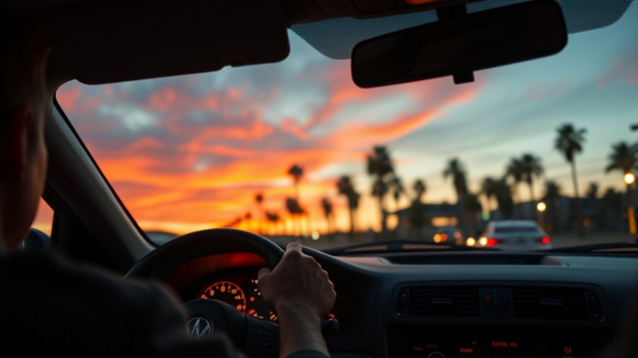 Driving tips for night, dashboard glowing, sunset view