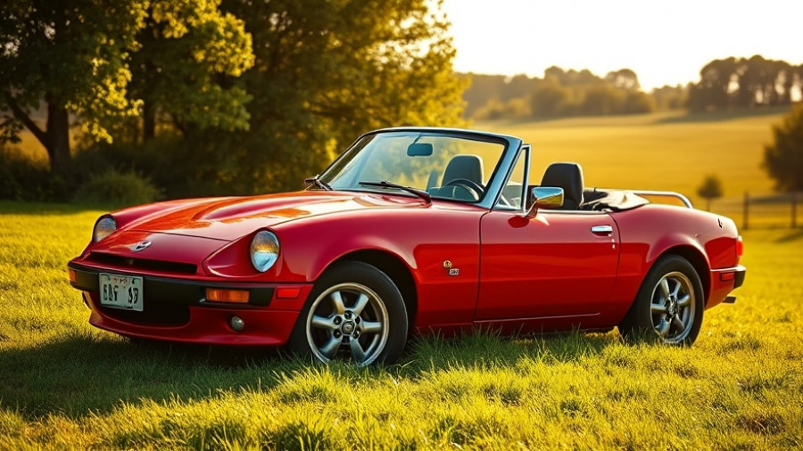 Classic red Mazda MX-5 Miata on a green lawn, sunny day.