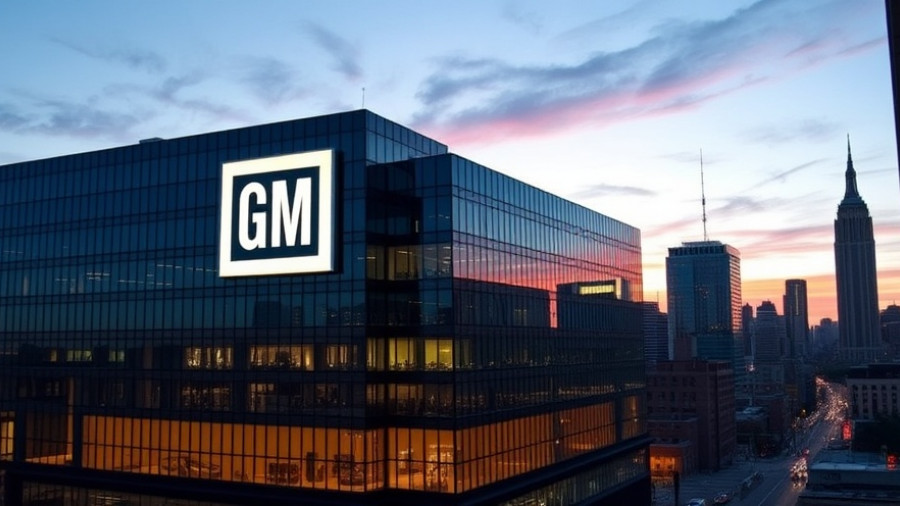GM building at twilight, urban skyline in the background.