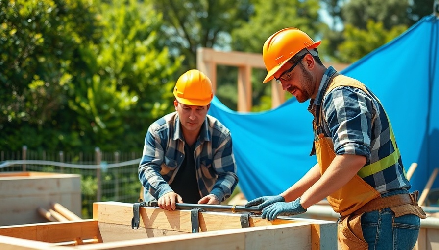 Construction workers building a smart foundation with wooden beams outdoors.