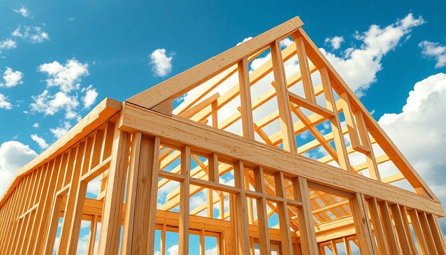 New home construction with wooden framework and blueprint.