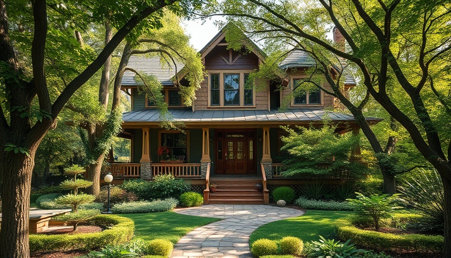 Greene & Greene restoration, craftsman home amid lush greenery.