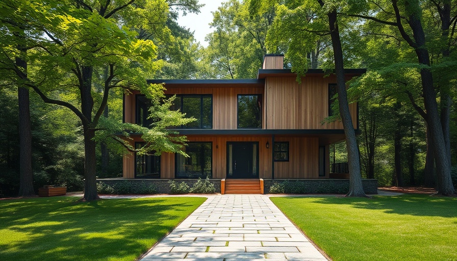 Modern wooden house amidst trees with minimalist design.