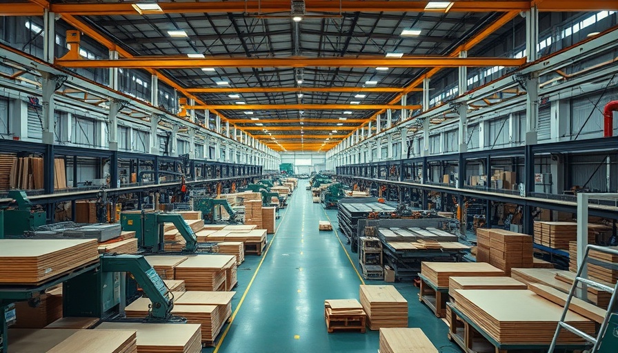 Vast industrial plywood factory with active machines.