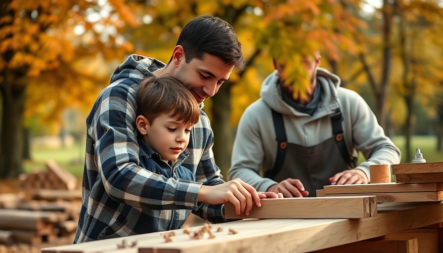 Young boy learning carpentry with a mentor, trade careers focus.