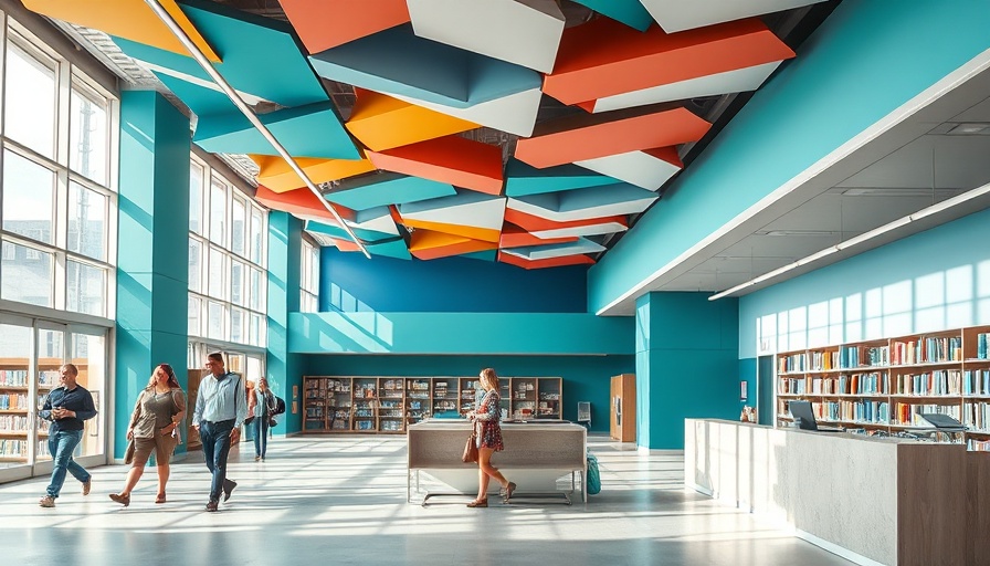 Modern library lobby with vibrant design and natural light.
