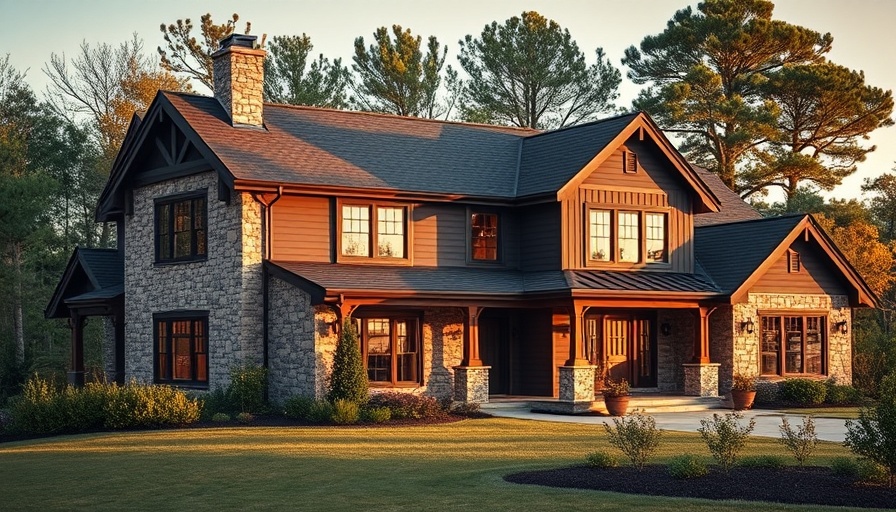 Modern farmhouse featuring stone and dark siding materials.
