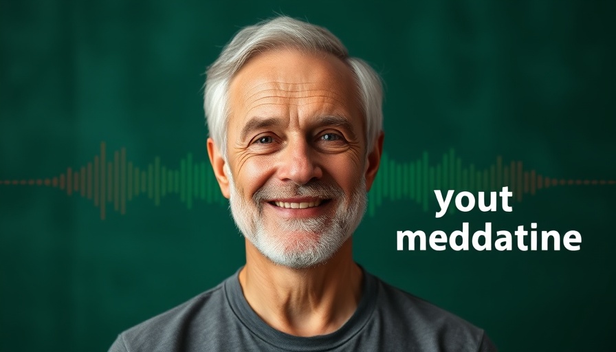 Meditation practice promotional graphic with a smiling man and audio waves.