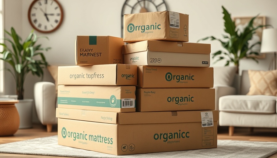 Stack of organic mattress topper boxes in living room space.