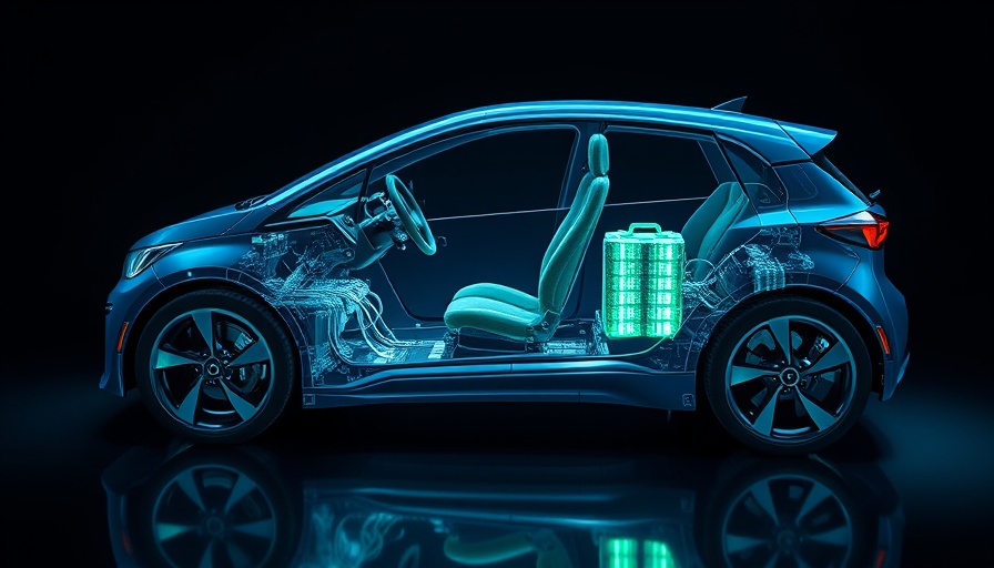 Futuristic transparent EV illustrating battery structure on dark background