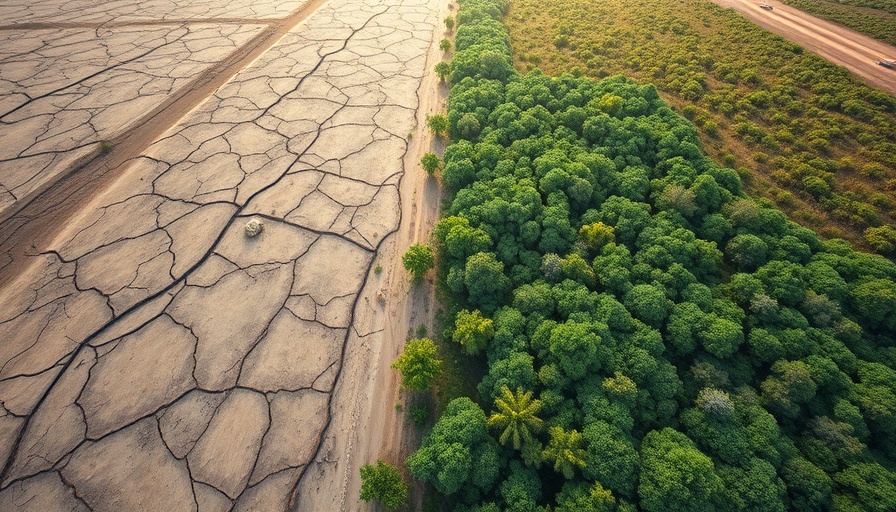 Aerial view of land restoration showing barren and lush fields.