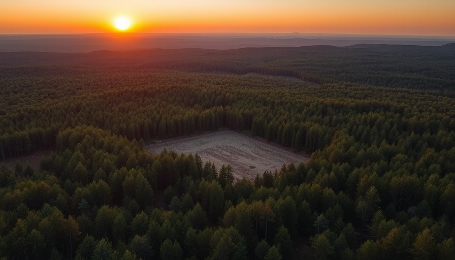Aerial view of forested landscape with cleared land for clean energy projects.