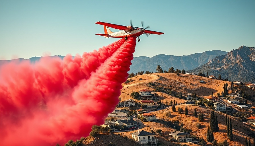 Aerial firefighting plane releasing bright fire retardant near homes.