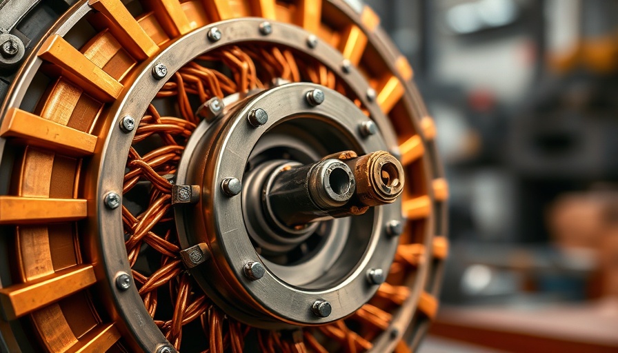 Close-up view of electric motor rotor with copper wiring.