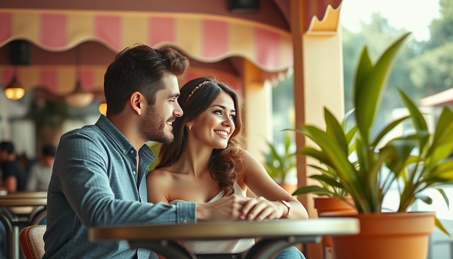 Charming couple at café holding hands, exemplifying loving mindfulness.