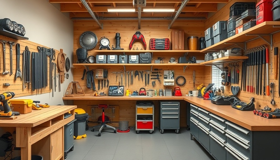 Efficiently organized garage workshop with tools and workspace.