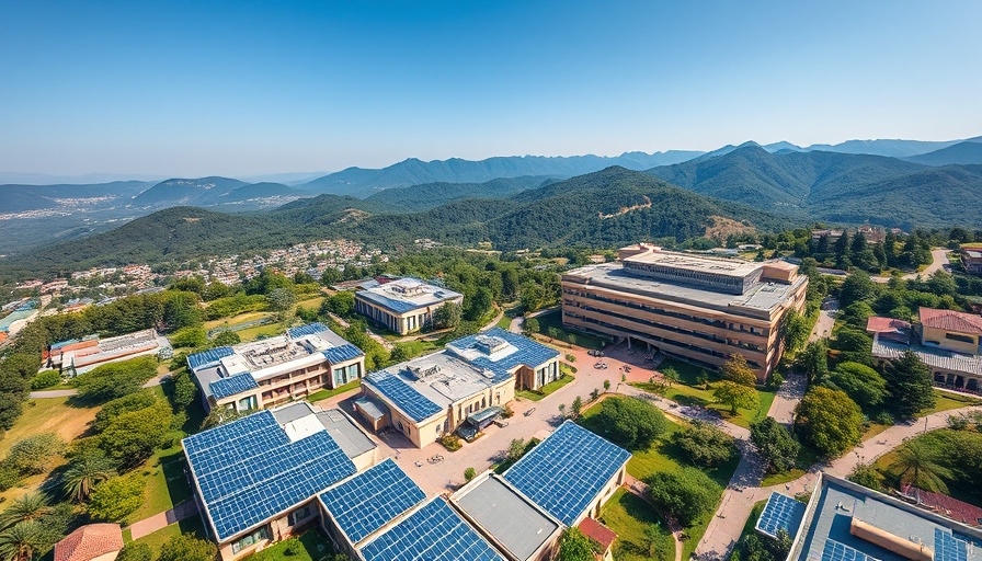 Aerial view of campus with solar panels for renewable energy.