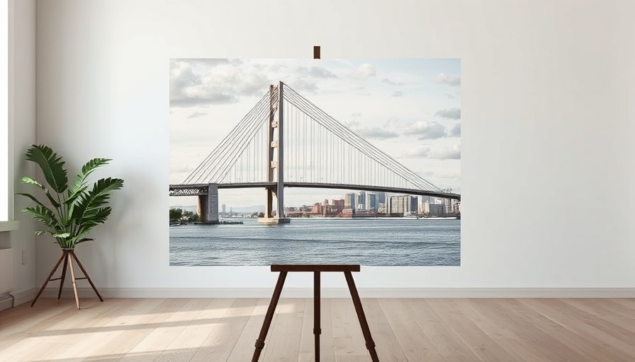 Key Bridge reconstruction Baltimore photo on display with cityscape backdrop.