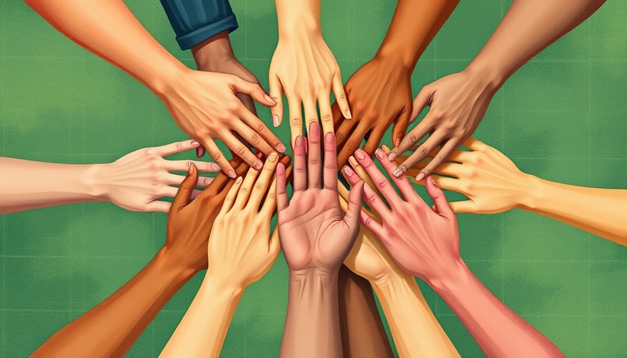 Illustration of diverse hands joining together, symbolizing unity and mindfulness for racial healing.
