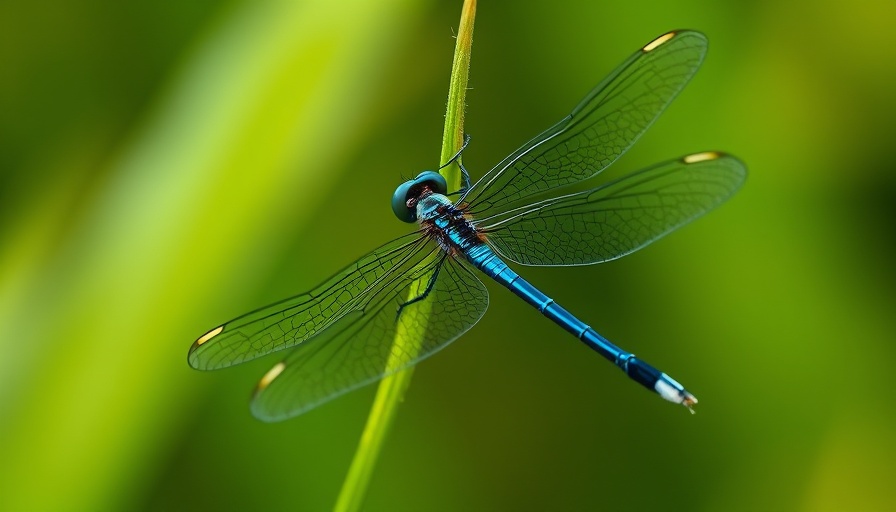 Vibrant blue dragonfly on a green leaf, symbolizing biodiversity increase.