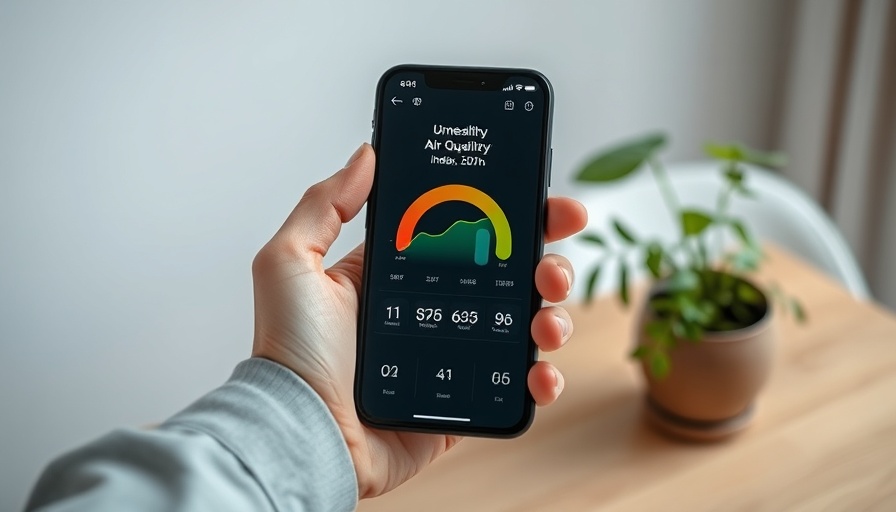 Smartphone showing unhealthy air quality index next to a potted plant, highlighting natural air purifiers for clean air.