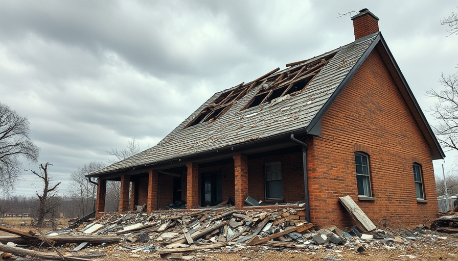 Severely damaged house illustrating construction challenges resilient structures face.