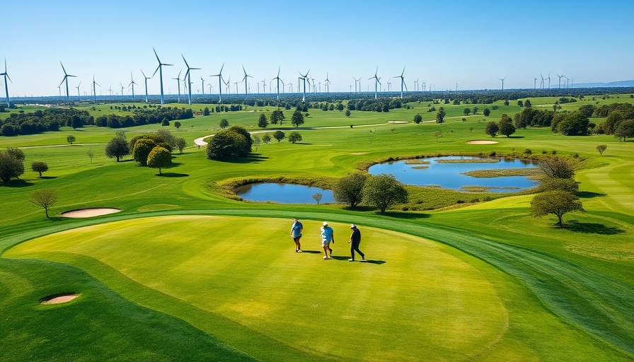 Golf course with wind turbines showcasing land use for renewable energy.