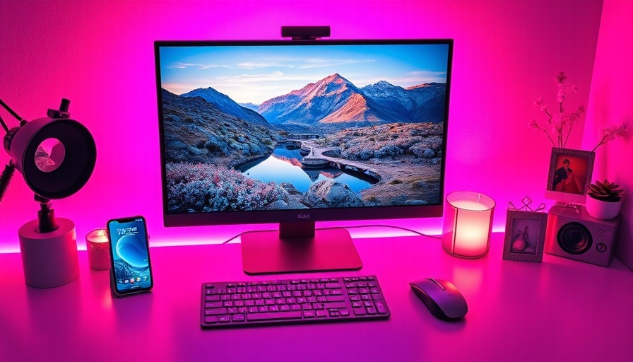 Modern computer setup with pink lighting for healthier technology use.