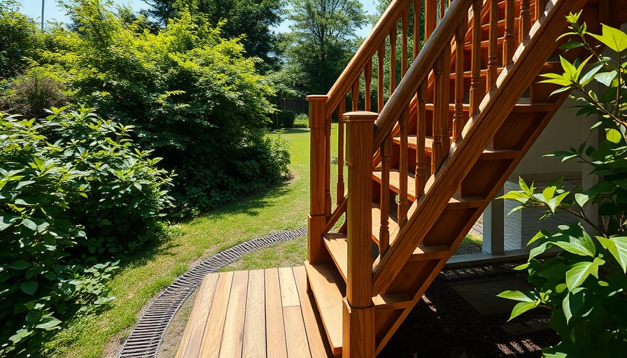 Elegant wooden stairs and ground gutters in sunny garden.